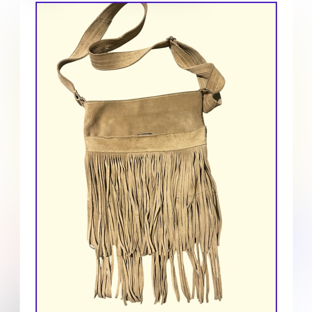 Boho Fringe Long Crossbody Bag Neutral Tan Suede Purse